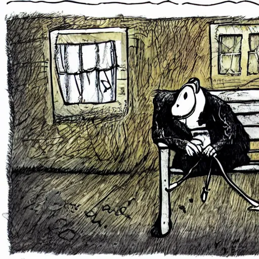 Prompt: sad anthropomorphic rat, by ralph steadman, sad, lonely, moody lighting, wearing a fur coat, in the rain, at night, sitting on a park bench