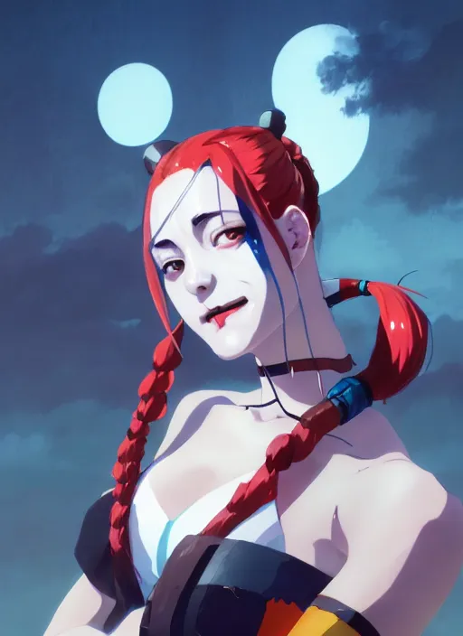 Image similar to portrait of harley quinn, cloudy sky background lush landscape illustration concept art anime key visual trending pixiv fanbox by wlop and greg rutkowski and makoto shinkai and studio ghibli