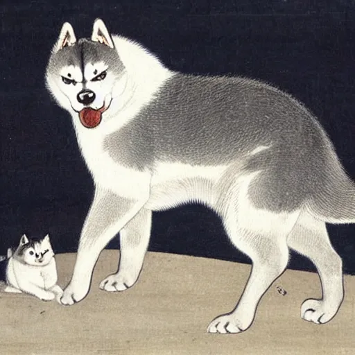 Image similar to Husky siberiano, Itō Jakuchu, 1790, hanging out with gray cat, drums