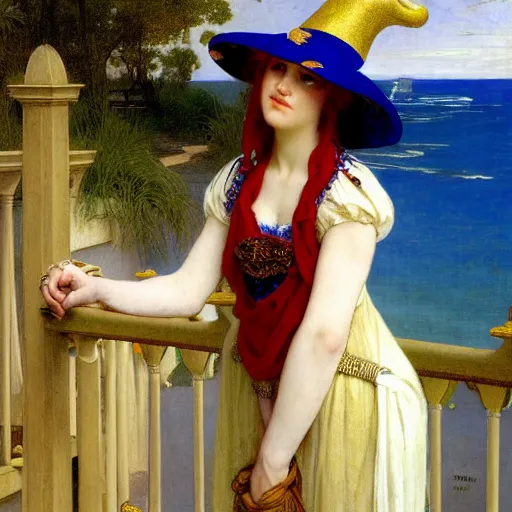 Image similar to A girl with jester hat and clothes on the front of a Balustrade with a beach on the background, major arcana clothes, by paul delaroche, alphonse mucha and arnold böcklin arnold böcklin hyperrealistic 8k, very detailed