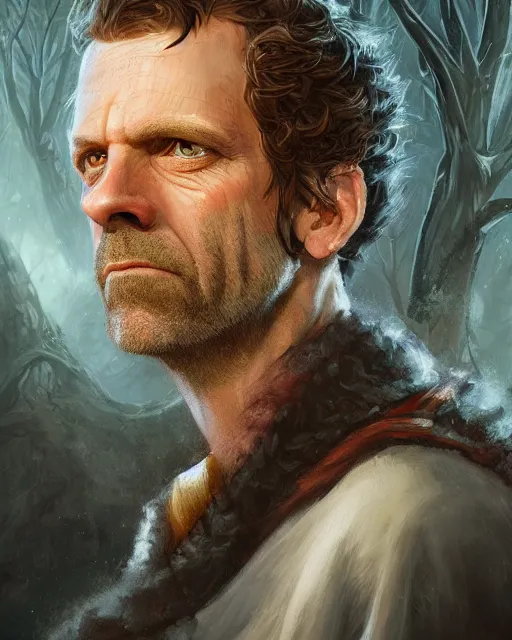 Image similar to detailed portrait of gregory house as a mage, magical, bright spells, fantasy, ruins, overgrown plants, atmosphere, 8 k high definition, insanely detailed, intricate, by charlie bowater, johan grenier