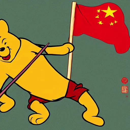 Prompt: xi jing ping with the body of winnie the pooh, satire, drawing, propaganda, chinese flag, evil grin