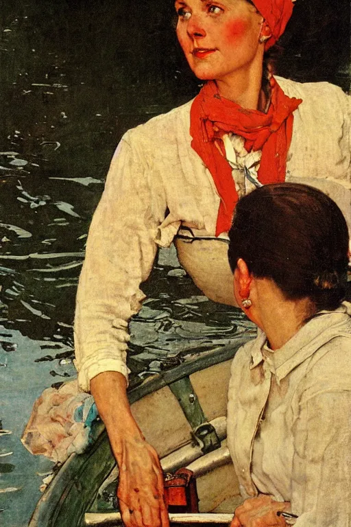 Image similar to portrait of woman in a boat, painted by Norman Rockwell