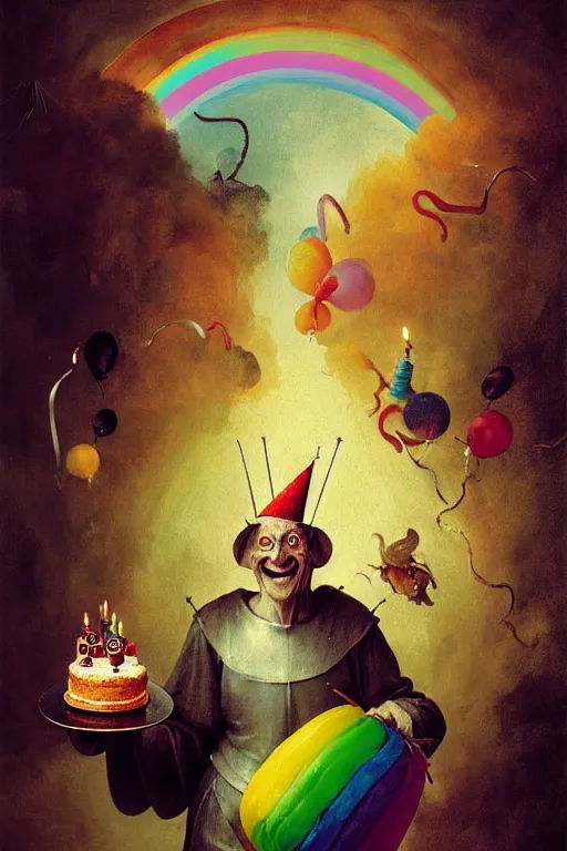 Prompt: hieronymus bosch, greg rutkowski, anna podedworna, painting of a happy rainbow jester with a birthday cake, smiling, uplifting