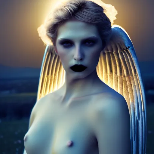 Image similar to photographic portrait of a stunningly beautiful gothic angel in heaven with divine light in soft dreamy light at sunset, contemporary fashion shoot, by edward robert hughes, annie leibovitz and steve mccurry, david lazar, jimmy nelsson, breathtaking, 8 k resolution, extremely detailed, beautiful, establishing shot, artistic, hyperrealistic, beautiful face, octane render