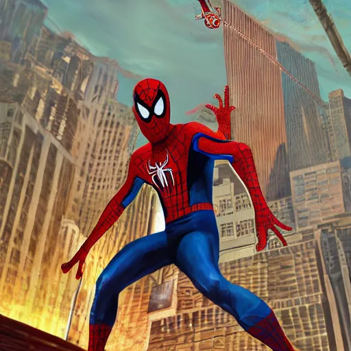 Image similar to spider man in gta san andreas cover, realistic painting, high definition, digital art, matte painting, very detailed, concept art, pixiv, deviantart, artstation, illustration, realistic