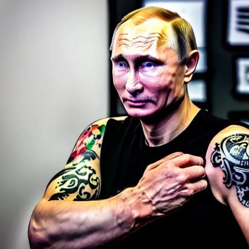 Prompt: putin at a tattoo shop. getting a tattoo of the letter z on his chest. canon eos r 3, f / 1. 4, iso 2 0 0, 1 / 1 6 0 s, 8 k, raw.