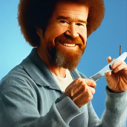 Prompt: bob ross with a knife, 8k