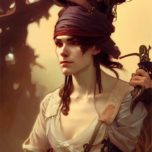 Prompt: Portrait of an androgynous pirate bard assassin, fantasy, intricate, elegant, highly detailed, digital painting, artstation, concept art, smooth, sharp focus, illustration, art by Krenz Cushart and Artem Demura and alphonse mucha