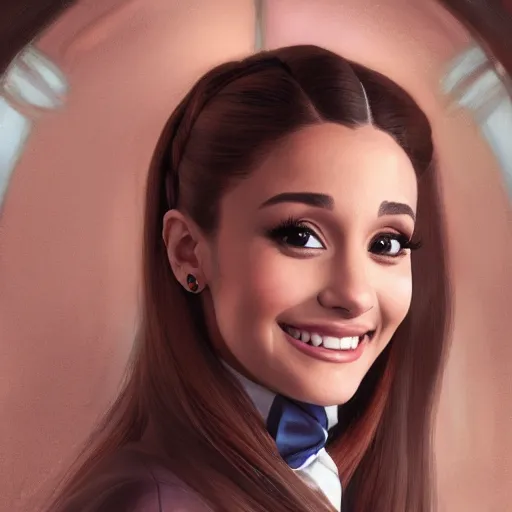 Prompt: close up of ariana grande smiling wearing a brown suit and necktie, focus, d & d, intricate, elegant, highly detailed, digital painting, artstation, concept art, matte, sharp focus, illustration, hearthstone, art by artgerm and greg rutkowski and alphonse mucha