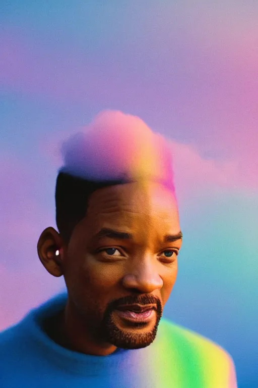 Image similar to high quality pastel coloured film close up wide angle photograph of will smith wearing clothing resting on cloud furniture in a icelandic black rock!! environment in a partially haze filled dreamstate world. three point light, rainbow. photographic production. art directed. pastel colours. volumetric clouds. pastel gradient overlay. waves glitch artefacts. extreme facial clarity. 8 k. filmic.