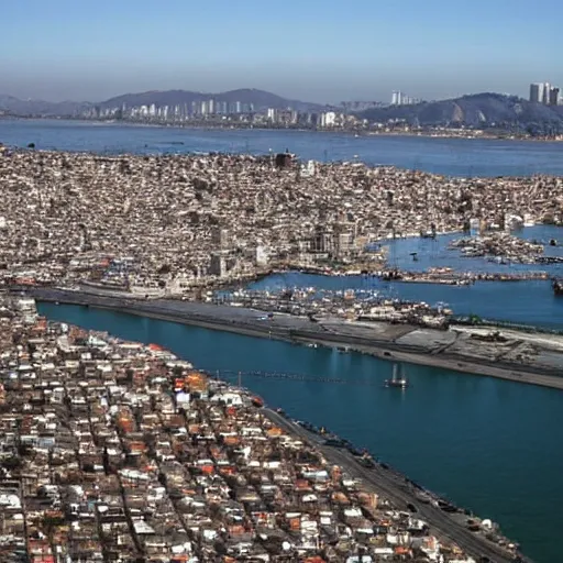 Prompt: color photo from drone over Mission Bay, San Francisco, in 2035, looking North at the golden hour, and the bay between San Francisco and Oakland is now filled in with a bustling favela, shanty houses of every different color, recycled materials, electric lines running everywhere, lights coming on in most of the houses, hyperdetailed, ap photo