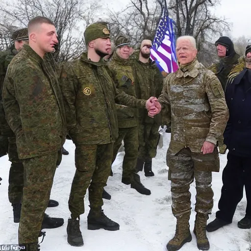 Image similar to Joe Biden is with the azov battalion in Ukraine War holding a ukrainian flag