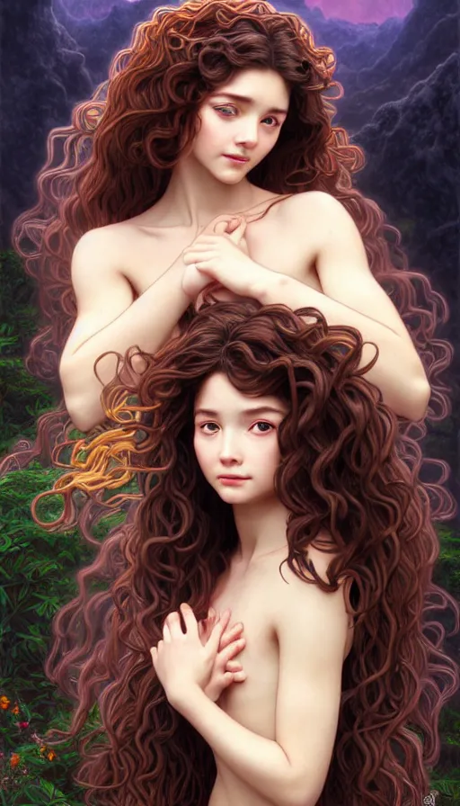 Image similar to a beautiful young girl, goddess of darkness surrounded by lava cliffs and rubies, with long curly hair, perfectly proportioned face, brown eyes, sweet smile, strong jawline,, natural lighting, path traced, highly detailed, high quality, cartoon, digital painting, by new haicheng and h. r. giger and studio ghibli and alphonse mucha