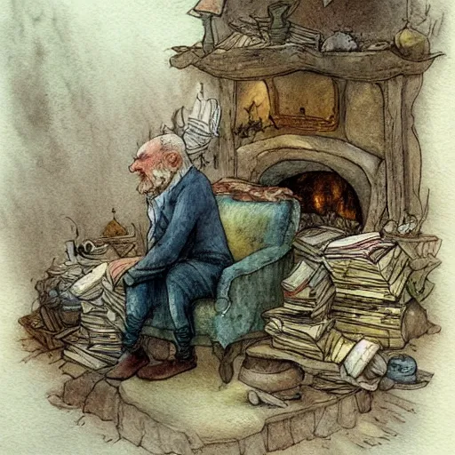 Image similar to whimsical fantastical a muted color watercolor sketch of a old man sitting in big chair next of a fireplace in his whimsical fantastical hobbit house living room surrounded by stacks of books from a whimsical fantastical story book character ifrom the book Baltimore & Redingote by Jean-Baptiste Monge of an old man in the style of by Jean-Baptiste Monge that looks like its by Jean-Baptiste Monge and refencing Jean-Baptiste Monge