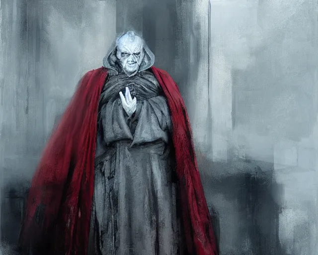 Image similar to portrait of emperor palpatine sidious played by ian mcdiarmid with a big hood, in shades of grey, but with red, by jeremy mann