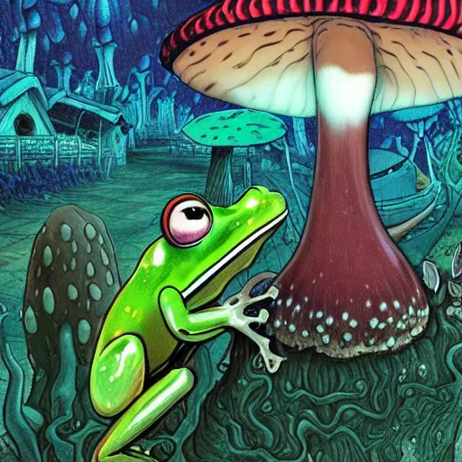 Image similar to A close up portrait of a dignified psychedelic godlike anthropomorphic frog smoking an anime blunt , magic mushroom village in background . award winning. superb resolution. in the art style of junji Ito and greg rutkowski . Detailed Mushroom city in background. Hyper realistic anime. Perfect art. Dalle2