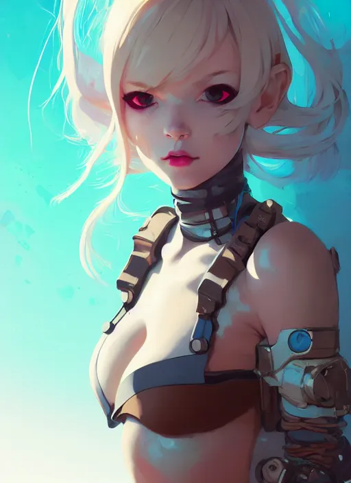 Image similar to portrait of cute maiden girl in cyber bikini armor, face by ilya kuvshinov, warhammer, cyberpunk, by atey ghailan, by greg rutkowski, by greg tocchini, by james gilleard, by joe fenton, by kaethe butcher, dynamic lighting, gradient light blue, brown, blonde cream and white color in scheme, grunge aesthetic