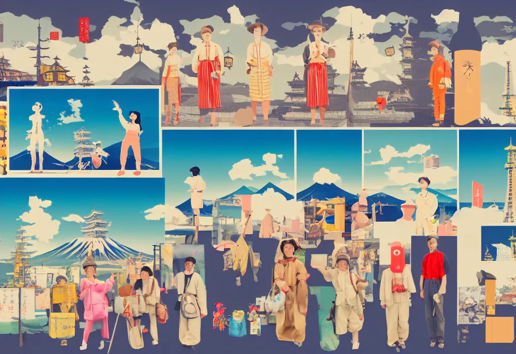 Image similar to a row of several european sightseeing tourists standing with a variety of poses and props, rural japan, character designs, a collage painting, in the style of wes anderson, lola dupre, david hockney, isolated on negative white space background dark monochrome neon spraypaint accents volumetric octane render