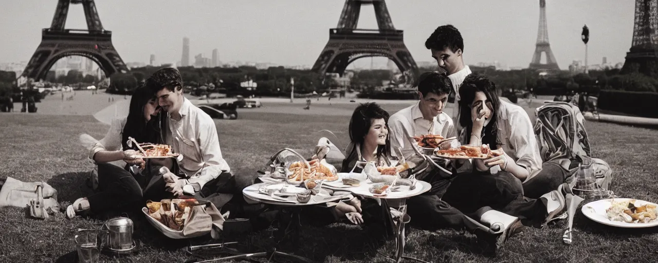 Image similar to young couple enjoying a spaghetti picnic in front of the eiffel tower, high detail, canon 5 0 mm, cinematic lighting, photography, retro, film, kodachrome