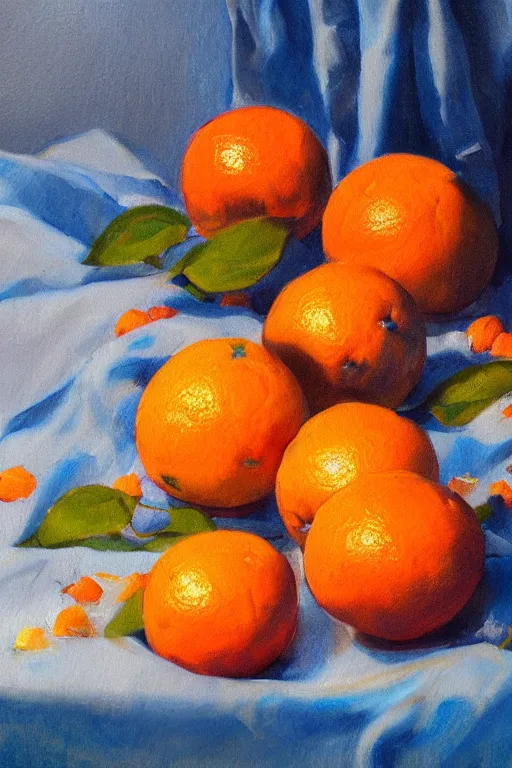 Prompt: A beautiful still life oil painting of Oranges lying on a blue silk cloth, volumetric lighting, summer, hyperrealistic, colorful, hyperdetailed.