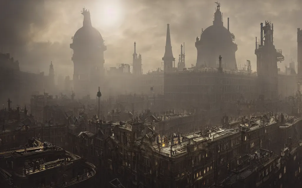 Image similar to an ultra wide angle view of 1 8 8 0 s london, steampunk, clockwork, steamy, ominous, hyperrealism, by greg rutkowski, zaha hadid, octopath traveler, final fantasy, octane render, misty, highly rendered, global illumination, radiant light