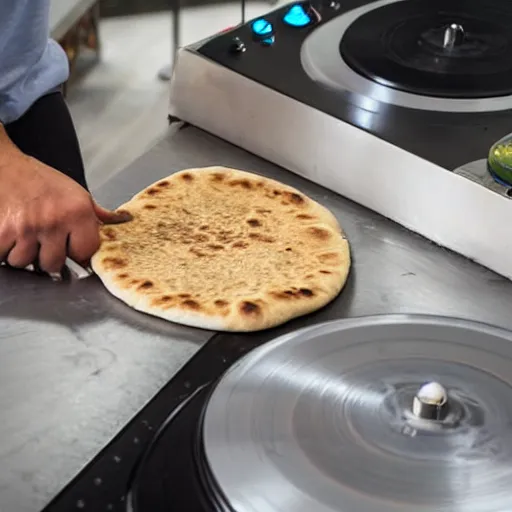 Image similar to a disc jockey is scratching with his hand on an Israeli pita bread on a turntable, wide shot