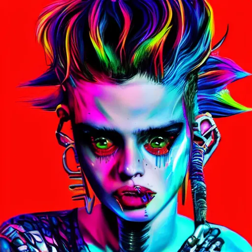 Image similar to splashes of neon magic, mowhawk, punk women portrait made out of paint, trending on artstation, epic composition, emotional, beautiful, rendered in octane, highly detailed, realistic, tim burton comic book art, sharp focus, unreal engine