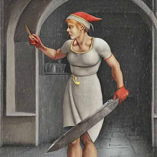 Image similar to determined elf woman with short blonde hair wearing a kitchen maid's uniform while holding a chef's knife and standing in the rain, fantasy, character portrait, Michelangelo painting