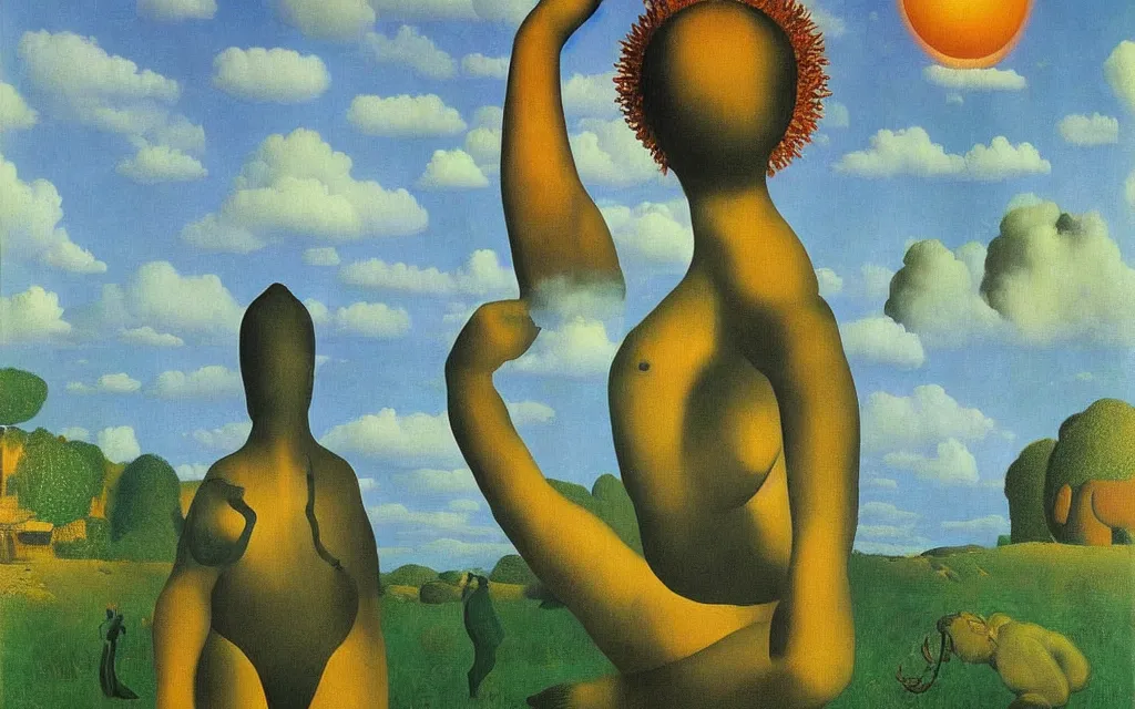 Image similar to hindu god in golden meadow, detailed painting by rene magritte