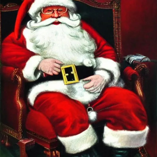 Prompt: Santa Claus sitting on his throne at the North pole, oil canvas