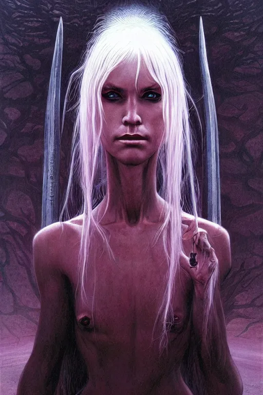 Image similar to female demon in the wild nature, dressed, blonde hair, symmetry, sci - fi, dark fantasy, by wayne barlowe