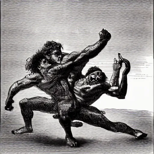 Image similar to a high contrast crosshatched pen illustration of a powerful man wrestling a monster coming from his phone by Gustave Doré, colorful Ben Day dots