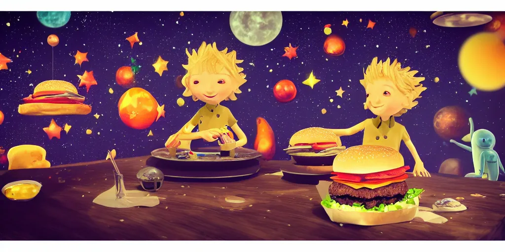 Image similar to a dream of time gone by, where I was eating burgers and not so hungry, realistic, out of this world, alien, sleepy, on a mini world, the little prince from outer space, colorful, gangly, dream, vial of stars, metallic, satisfying render, tiny people devouring food, the happiest moment, joy