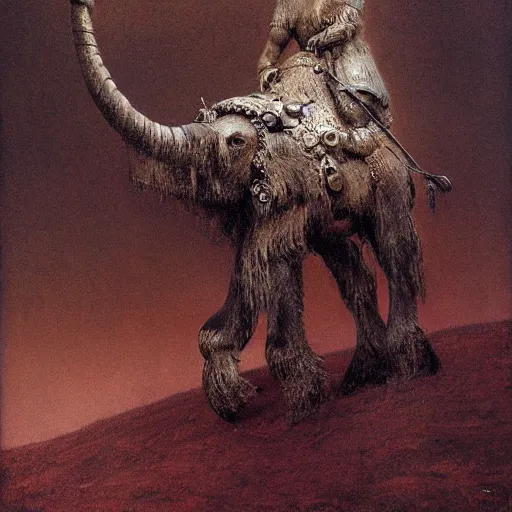 Prompt: ancient mammoth rider, wearing norse armor, beksinski