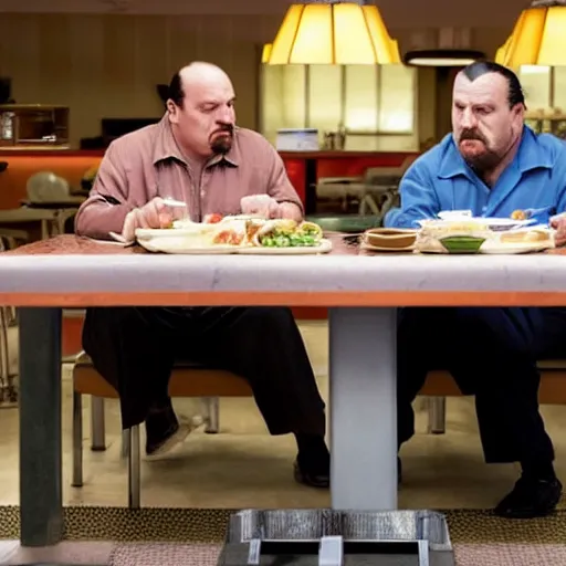 Prompt: tony soprano and walter white eating at a diner together, photorealistic, alone in the diner, hyperrealistic, 8 k, ultra hd, true to life