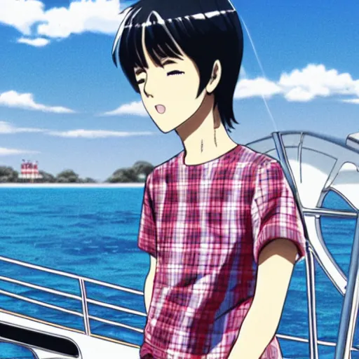Image similar to anime illustration of young Paul McCartney from the Beatles, wearing a blue and white check shirt and watch, relaxing on a yacht at sea, screenshot from Weathering With You (2019)