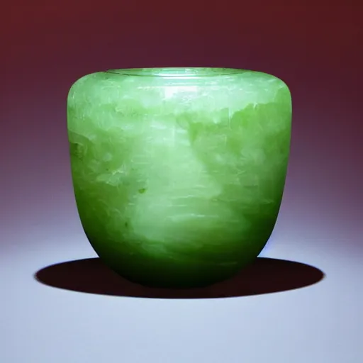 Prompt: an organic jade vase, sitting on a pedestal, with dim light, glowing background, moody setting, highest quality, 8 k