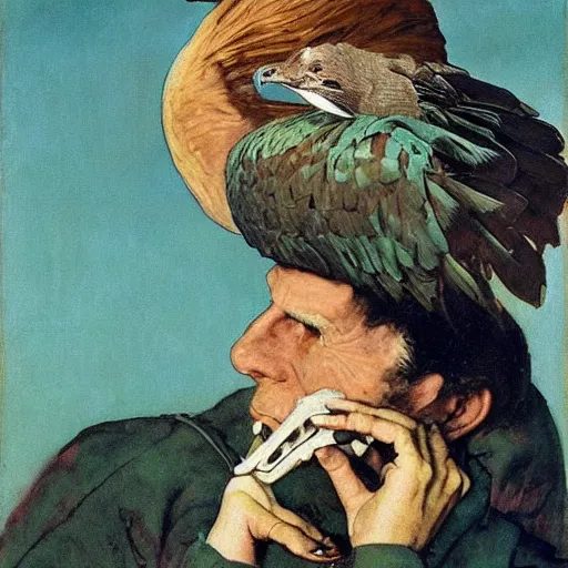 Image similar to mesozoic, teal gloomy by norman rockwell, by zinaida serebriakova. a installation art of a man, with an animal skull for a head, & a large bird perched on his shoulder. the man is looking up at the bird with a fierce expression, & the bird is looking back at him with an equally intense gaze.