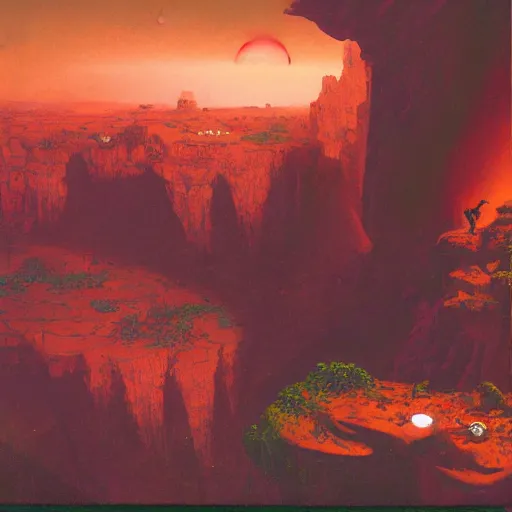 Prompt: a village hanging off a cliff on mars by paul lehr,