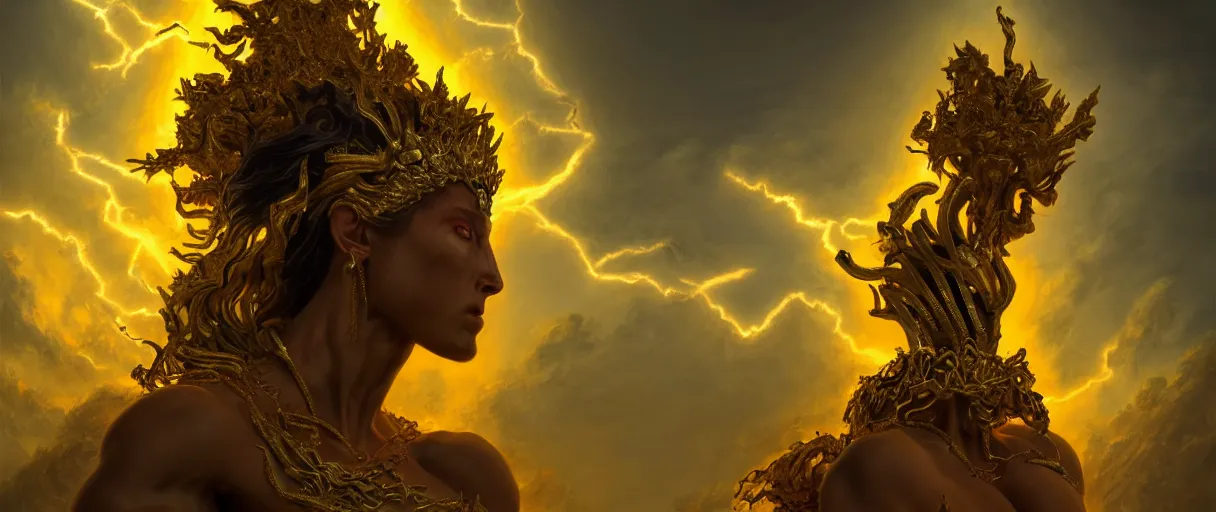 Image similar to hyperrealist highly detailed neo-baroque god as an angry amazon woman crushing earth into pieces concept art pascal blanche key sage dramatic yellow lighting 8k wide angle shallow depth of field