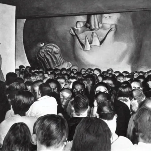 Image similar to lecturer giving a lecture to a hall filled with fantastic monsters, by dali