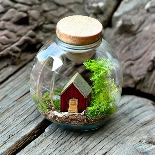 Prompt: tiny people living in a wooden cottage inside a terrarium bottle.