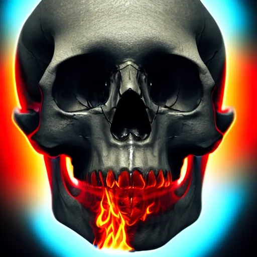 Prompt: a highly detailed human skull on fire in front of a glowing red background, 3 d, fire through eyes, highly detailed, digital art, artstation, concept art, initimate lighting, strong bokeh, trending