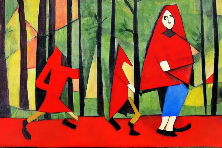 Image similar to little red riding hood walking in the forest, cubism style, painting