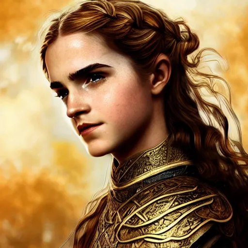 Prompt: head and shoulders portrait of a female knight, young emma watson, golden etched armor, lord of the rings, celtic hair braid, eldritch ruby amulet, sylvan glade, by artgerm, alphonse mucha, face detail, sharp focus, high key lighting, vogue fashion photo