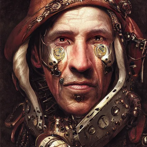 Image similar to portrait, headshot, digital painting, of a old 17th century, old cyborg merchant, amber jewels, baroque, ornate clothing, scifi, realistic, hyperdetailed, chiaroscuro, concept art, art by Franz Hals and Jon Foster