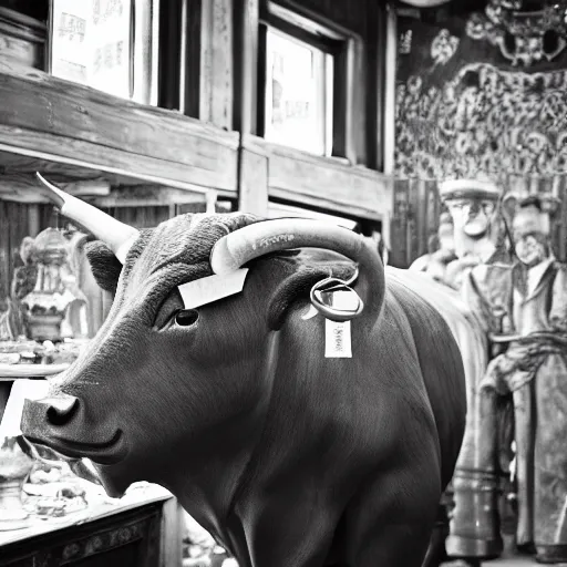 Prompt: a bull in a china shop