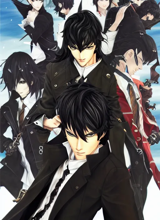 Image similar to half - body character portrait by shigenori soejima, handsome male vampire, focus on face sword holster, long black hair, light brown coat