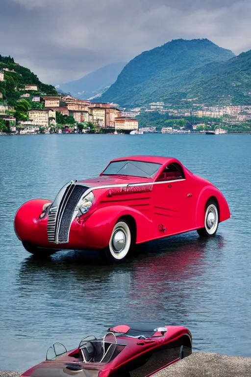 Image similar to Photo of a red 1939 Delahaye parked on a dock with Lake Como in the background, wide shot, daylight, dramatic lighting, award winning, highly detailed, 1980s, luxury lifestyle, fine art print, best selling.